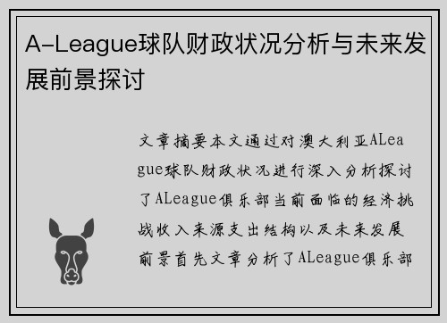 A-League球队财政状况分析与未来发展前景探讨